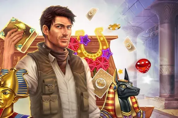 Rich Wilde in an Egyptian temple, PlayAmo adventure slots art